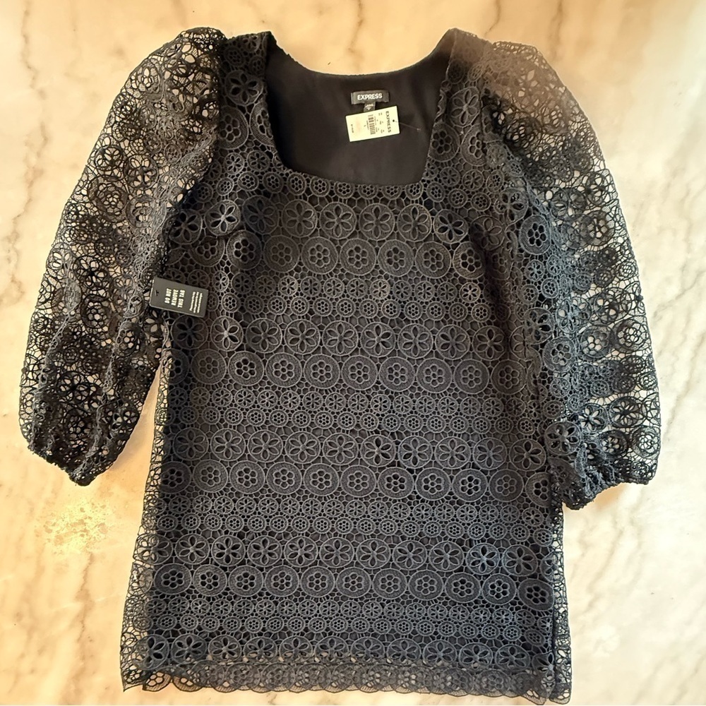 NWT Express Black Lace Crochet Long Sleeve Babydoll Dress Womens size L - Picture 15 of 15